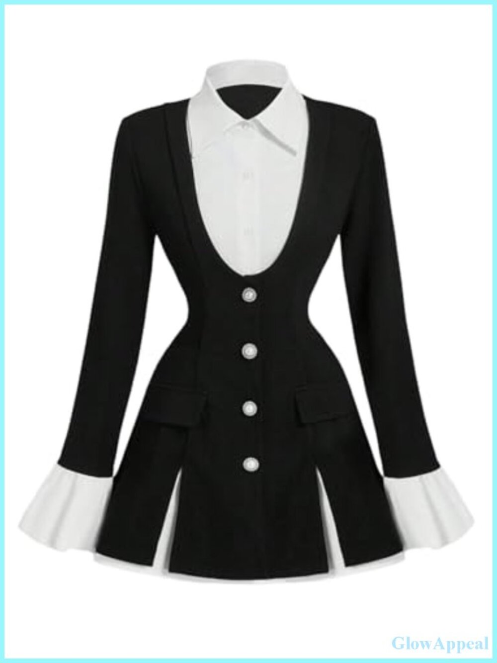 Ruffled Button Down Blazer Suit Jacket Bell Sleeve Fit Flare Business Casual
